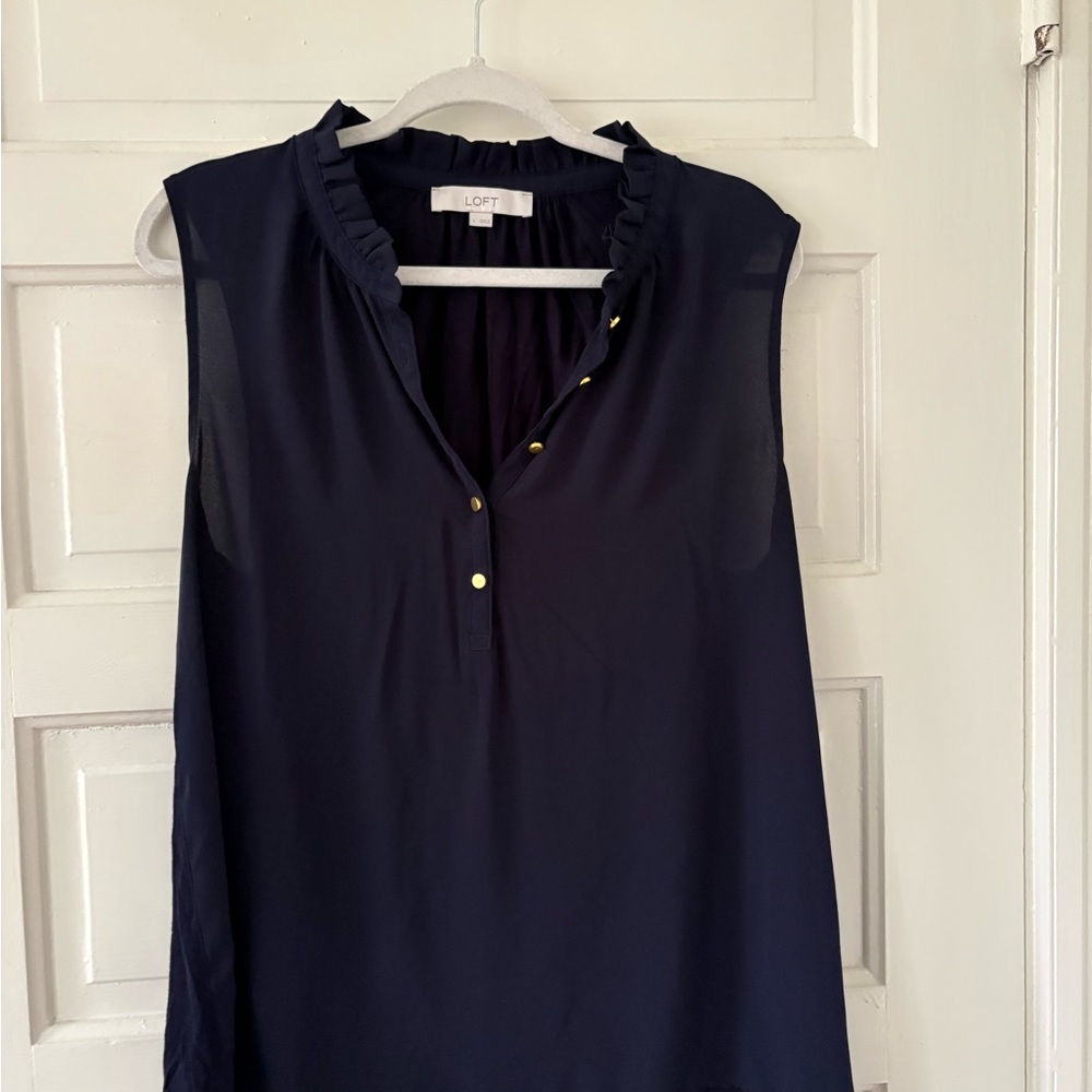 LOFT Navy Sleeveless Ruffle Collar Shell with Gold Buttons